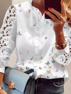 Modern Loose Lace V Neck Long Sleeve Shirt - Image 2