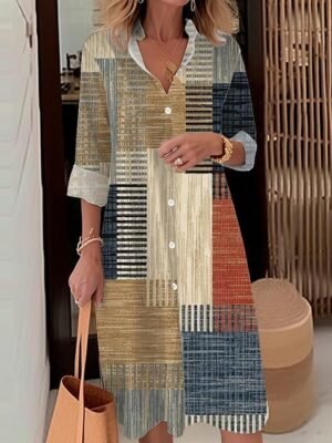 Modern Loose Plaid Striped Shirt Collar Long Sleeve Midi Dress - Image 1