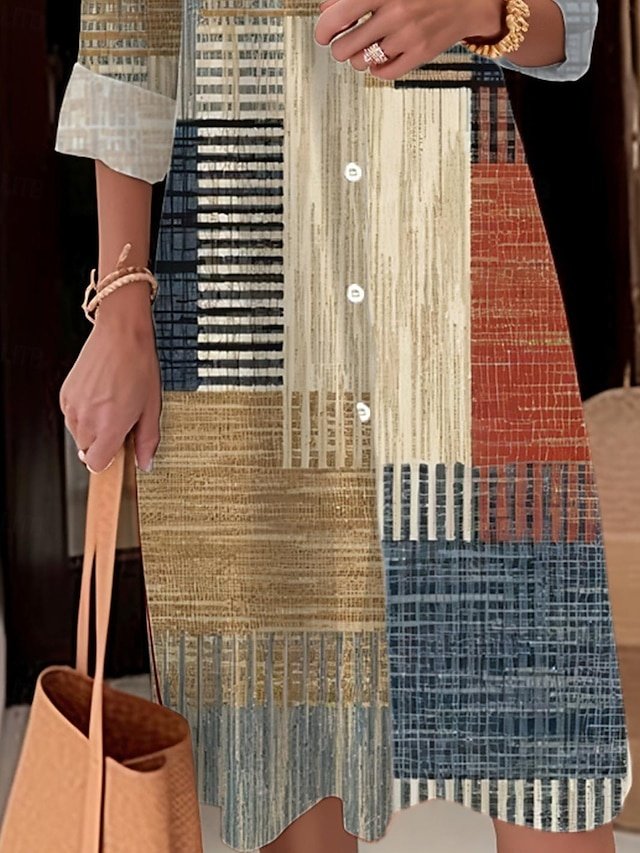 Modern Loose Plaid Striped Shirt Collar Long Sleeve Midi Dress - Image 2