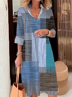 Modern Loose Plaid Striped Shirt Collar Long Sleeve Midi Dress - Image 3