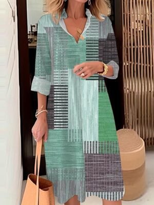 Modern Loose Plaid Striped Shirt Collar Long Sleeve Midi Dress - Image 4