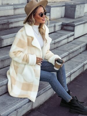 Modern Loose Plaid Turndown Long Sleeve Long Coat - Image 5