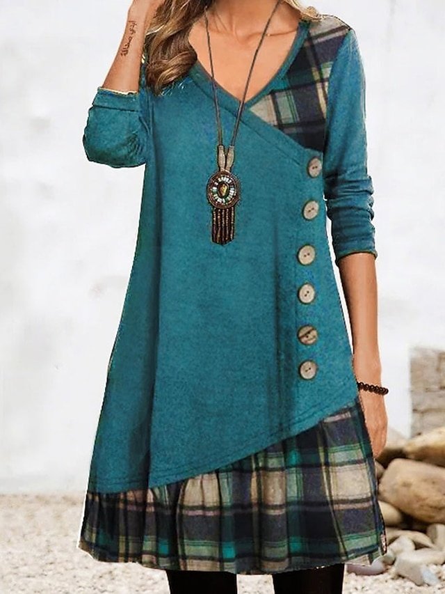 Modern Loose Plaid V Neck 3/4 Sleeve Mini Dress - Image 1