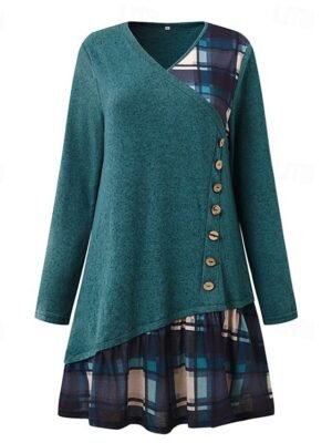 Modern Loose Plaid V Neck 3/4 Sleeve Mini Dress - Image 12