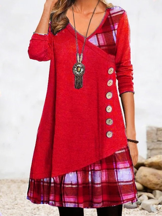 Modern Loose Plaid V Neck 3/4 Sleeve Mini Dress - Image 2