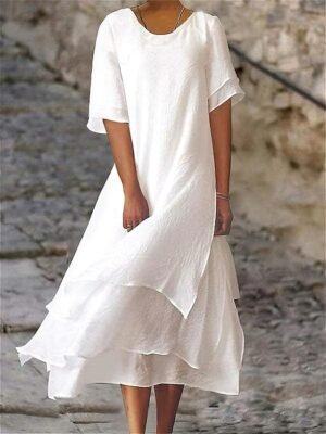 Modern Loose Plain Crew Neck Short Sleeve Midi Dress - Image 1