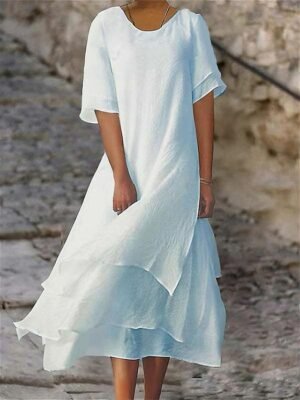 Modern Loose Plain Crew Neck Short Sleeve Midi Dress - Image 2