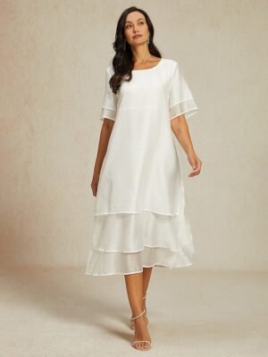 Modern Loose Plain Crew Neck Short Sleeve Midi Dress - Image 3