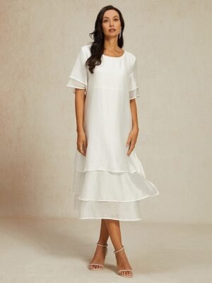Modern Loose Plain Crew Neck Short Sleeve Midi Dress - Image 4