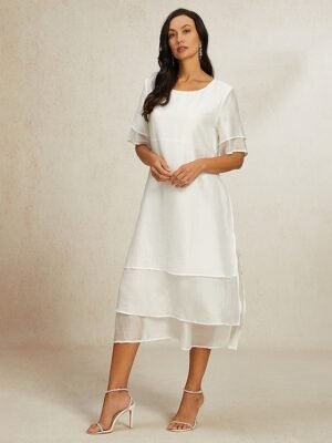 Modern Loose Plain Crew Neck Short Sleeve Midi Dress - Image 5