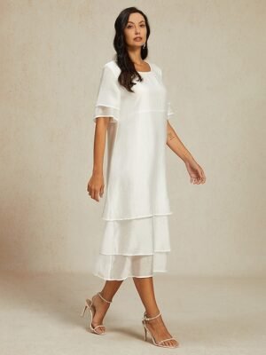 Modern Loose Plain Crew Neck Short Sleeve Midi Dress - Image 7