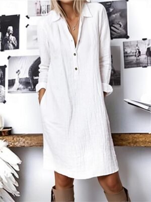 Modern Loose Plain Shirt Collar Midi Dress - Image 1