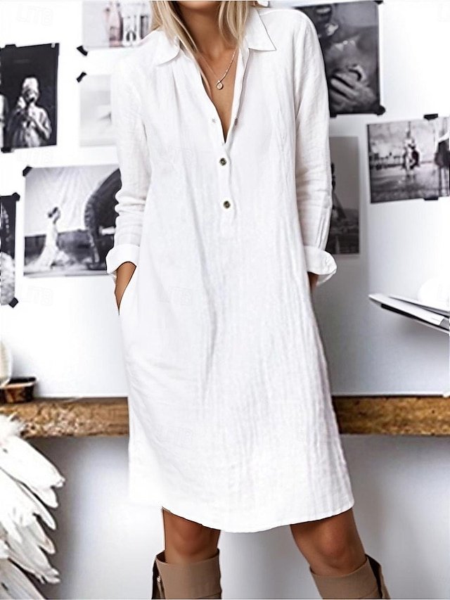 Modern Loose Plain Shirt Collar Midi Dress - Image 1