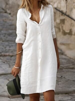 Modern Loose Plain Shirt Collar Short Sleeve Mini Dress - Image 1