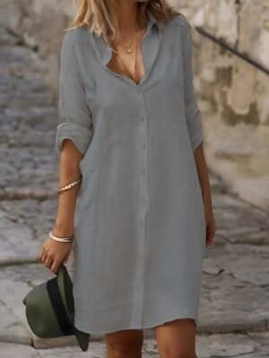 Modern Loose Plain Shirt Collar Short Sleeve Mini Dress - Image 9