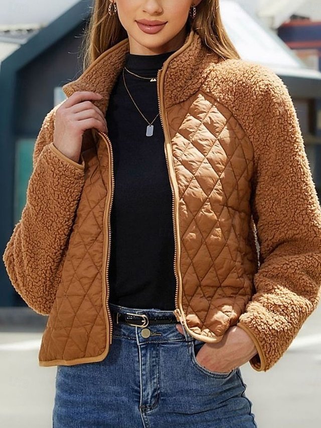 Modern Loose Plain Stand Collar Long Sleeve Short Fleece Jacket - Image 1