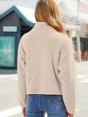 Modern Loose Plain Stand Collar Long Sleeve Short Fleece Jacket - Image 11