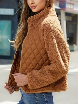 Modern Loose Plain Stand Collar Long Sleeve Short Fleece Jacket - Image 2