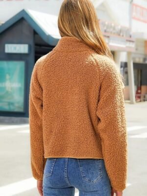Modern Loose Plain Stand Collar Long Sleeve Short Fleece Jacket - Image 3