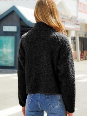 Modern Loose Plain Stand Collar Long Sleeve Short Fleece Jacket - Image 7