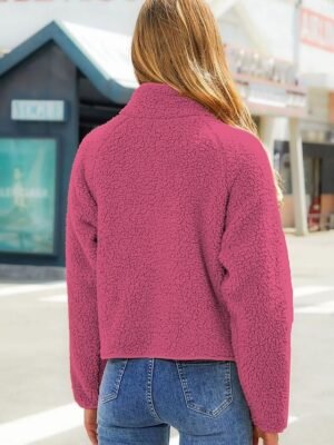 Modern Loose Plain Stand Collar Long Sleeve Short Fleece Jacket - Image 9