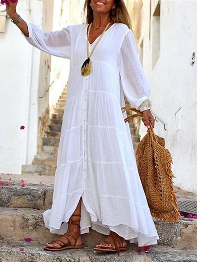 Modern Loose Plain V Neck Long Sleeve Maxi Dress - Image 1