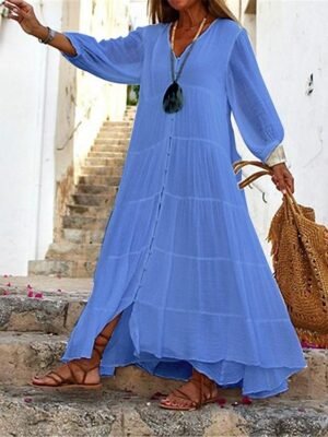 Modern Loose Plain V Neck Long Sleeve Maxi Dress - Image 5