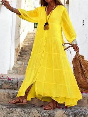 Modern Loose Plain V Neck Long Sleeve Maxi Dress - Image 6