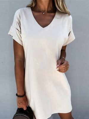 Modern Loose Plain V Neck Short Sleeve Mini Dress - Image 1