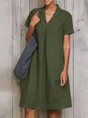 Modern Loose Plain V Neck Short Sleeve Midi Dress - Image 1