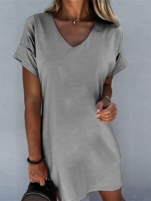 Modern Loose Plain V Neck Short Sleeve Mini Dress - Image 2