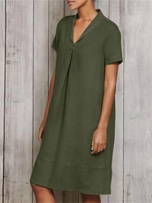 Modern Loose Plain V Neck Short Sleeve Midi Dress - Image 2