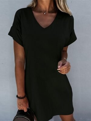 Modern Loose Plain V Neck Short Sleeve Mini Dress - Image 3