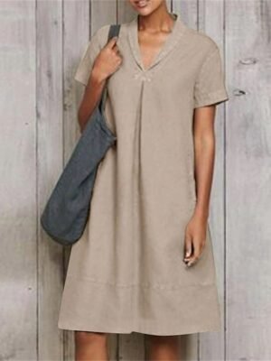 Modern Loose Plain V Neck Short Sleeve Midi Dress - Image 5