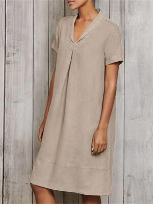 Modern Loose Plain V Neck Short Sleeve Midi Dress - Image 6