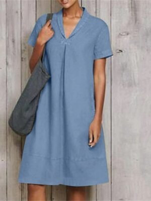 Modern Loose Plain V Neck Short Sleeve Midi Dress - Image 7