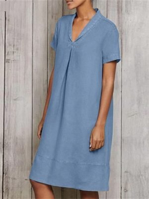 Modern Loose Plain V Neck Short Sleeve Midi Dress - Image 8