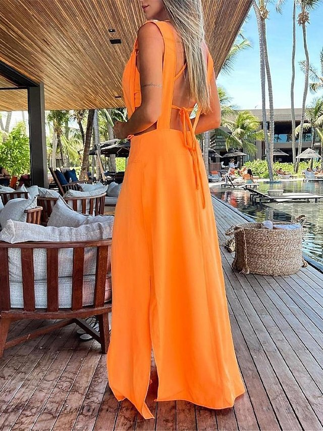Modern Loose Plain V Neck Sleeveless Maxi Dress Set - Image 2