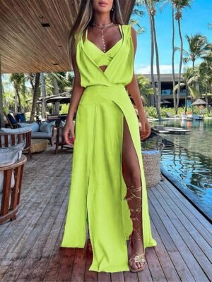 Modern Loose Plain V Neck Sleeveless Maxi Dress Set - Image 3