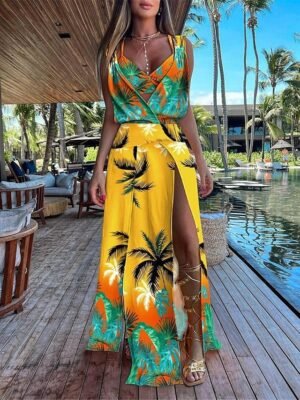 Modern Loose Plain V Neck Sleeveless Maxi Dress Set - Image 4