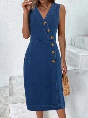 Modern Loose Plain V Neck Sleeveless Midi Denim Dress - Image 1