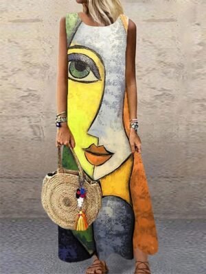 Modern Regular Fit Colour Block Crew Neck Sleeveless Maxi Dress - Image 2