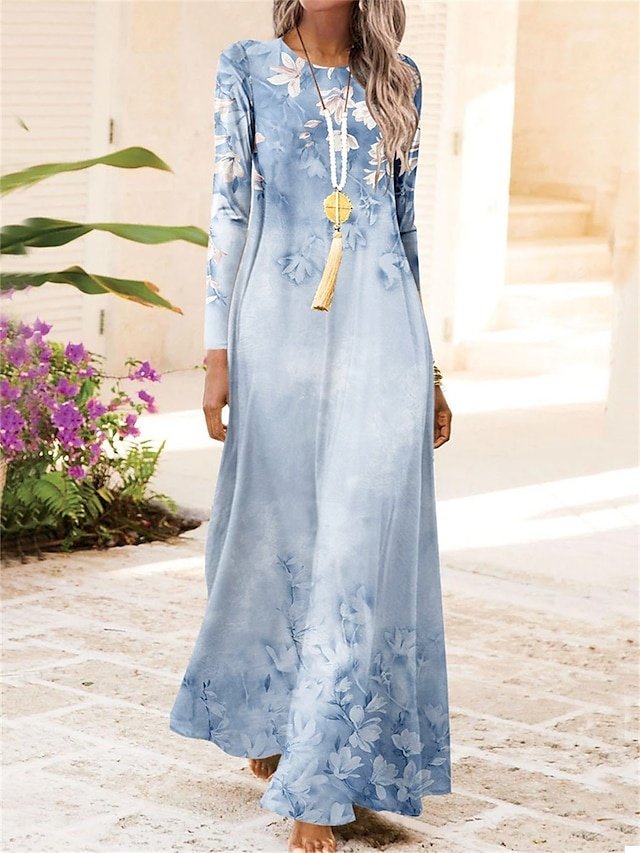 Modern Regular Fit Floral Crew Neck Long Sleeve Maxi Dress - Image 1