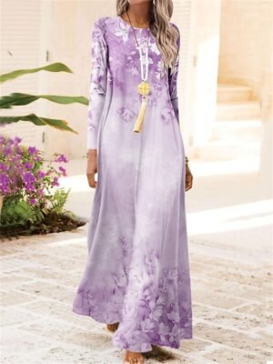 Modern Regular Fit Floral Crew Neck Long Sleeve Maxi Dress - Image 2