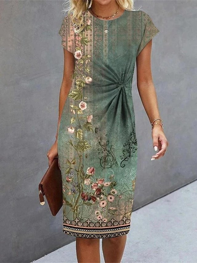 Modern Regular Fit Floral Crew Neck Short Sleeve Midi Dress - Image 1