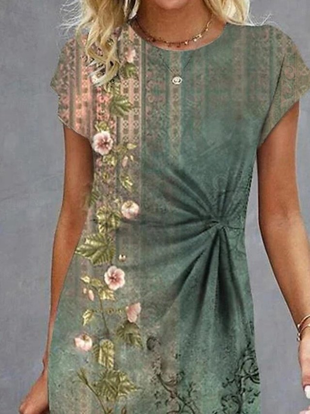 Modern Regular Fit Floral Crew Neck Short Sleeve Midi Dress - Image 2