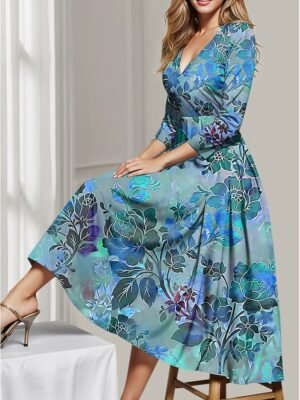 Modern Regular Fit Floral Deep V 3/4 Sleeve Midi Dress - Image 3
