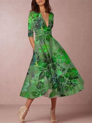 Modern Regular Fit Floral Deep V 3/4 Sleeve Midi Dress - Image 6