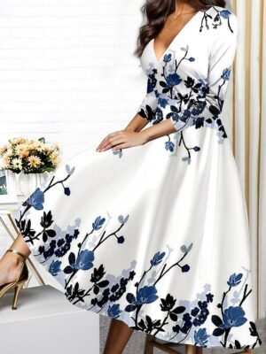 Modern Regular Fit Floral V Neck 3/4 Sleeve Midi Dress - Image 1