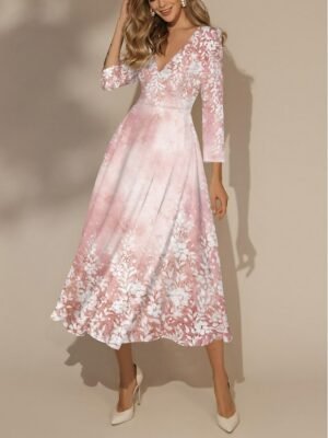 Modern Regular Fit Floral V Neck 3/4 Sleeve Midi Dress - Image 1